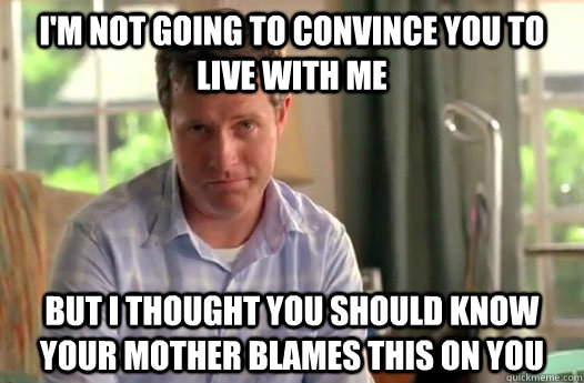 I'm not going to convince you to live with me but I thought you should know your mother blames this on you - I'm not going to convince you to live with me but I thought you should know your mother blames this on you  Divorce Dad