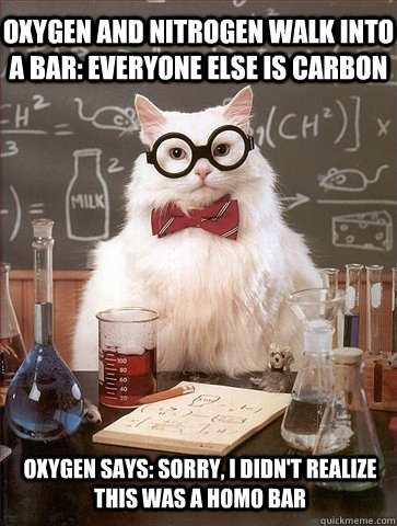Oxygen and Nitrogen Walk into a BAR: Everyone Else is Carbon Oxygen Says: Sorry, I didn't realize this was a homo bar  Chemistry Cat