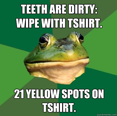 Teeth are dirty: 
wipe with tshirt.
 21 yellow spots on tshirt.  Foul Bachelor Frog