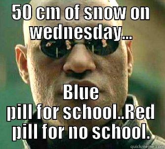 50 CM OF SNOW ON WEDNESDAY... BLUE PILL FOR SCHOOL..RED PILL FOR NO SCHOOL. Matrix Morpheus