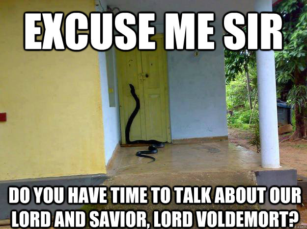 Excuse me sir Do you have time to talk about our Lord and Savior, Lord Voldemort?  