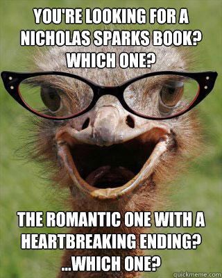 You're looking for a Nicholas Sparks book?  Which one? The romantic one with a heartbreaking ending? ...which one?  Judgmental Bookseller Ostrich