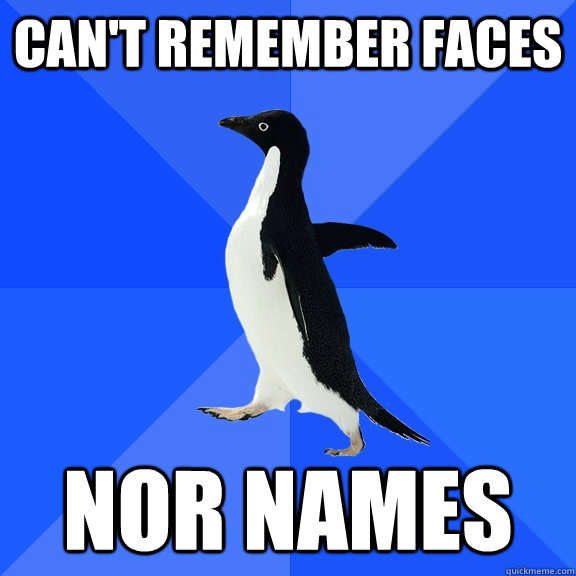 can't remember faces nor names  Socially Awkward Penguin