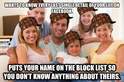 Wants to know every last single detail of your life on Facebook. Puts your name on the block list so you don't know anything about theirs.  