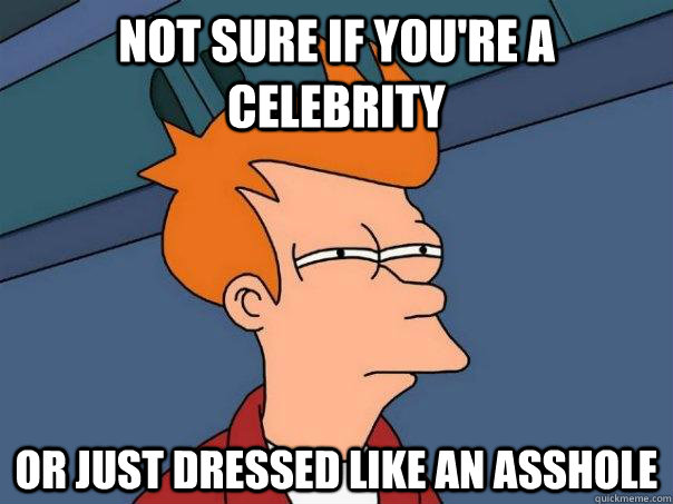 not sure if you're a celebrity or just dressed like an asshole   Futurama Fry