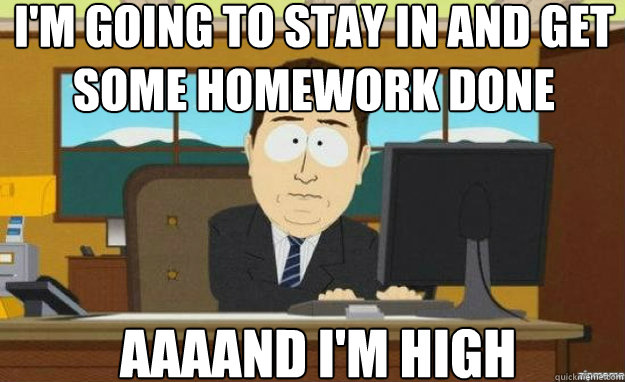 I'm going to stay in and get some homework done AAAAND I'm high  aaaand its gone