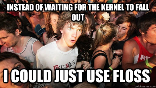 instead of waiting for the kernel to fall out i could just use floss  Sudden Clarity Clarence