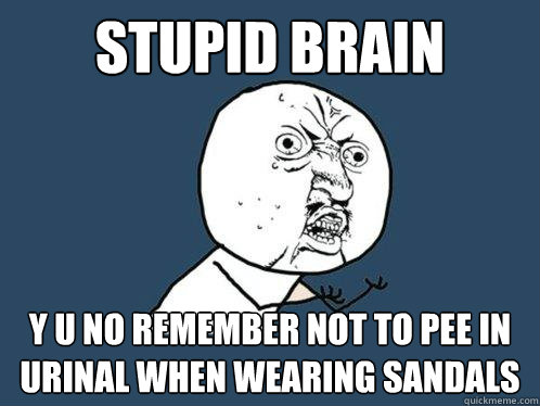 Stupid Brain y u no remember not to pee in urinal when wearing sandals  Y U No