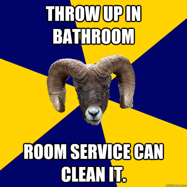 Throw up in bathroom Room service can clean it.  Suffolk Kid Ram