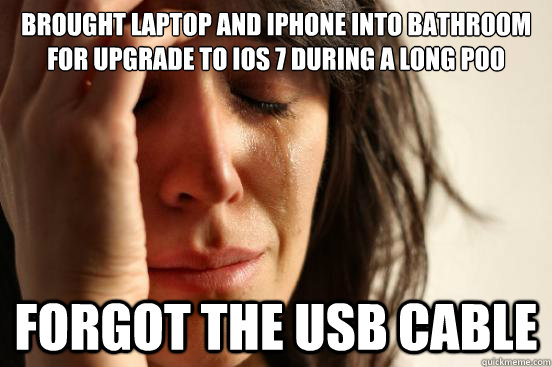 Brought laptop and iPhone into bathroom for upgrade to iOS 7 during a long poo forgot the usb cable  First World Problems