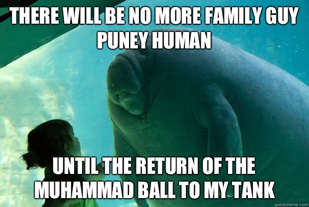 There will be no more family guy puney human  Until the Return of the Muhammad ball to my tank  Overlord Manatee