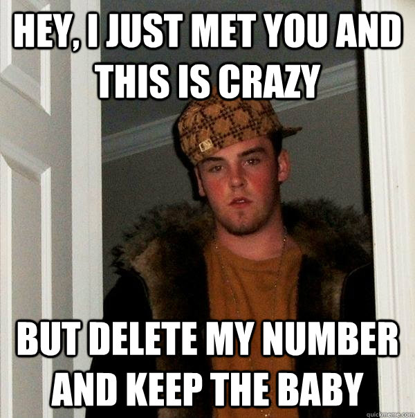 hey, i just met you and this is crazy but delete my number and keep the baby  Scumbag Steve