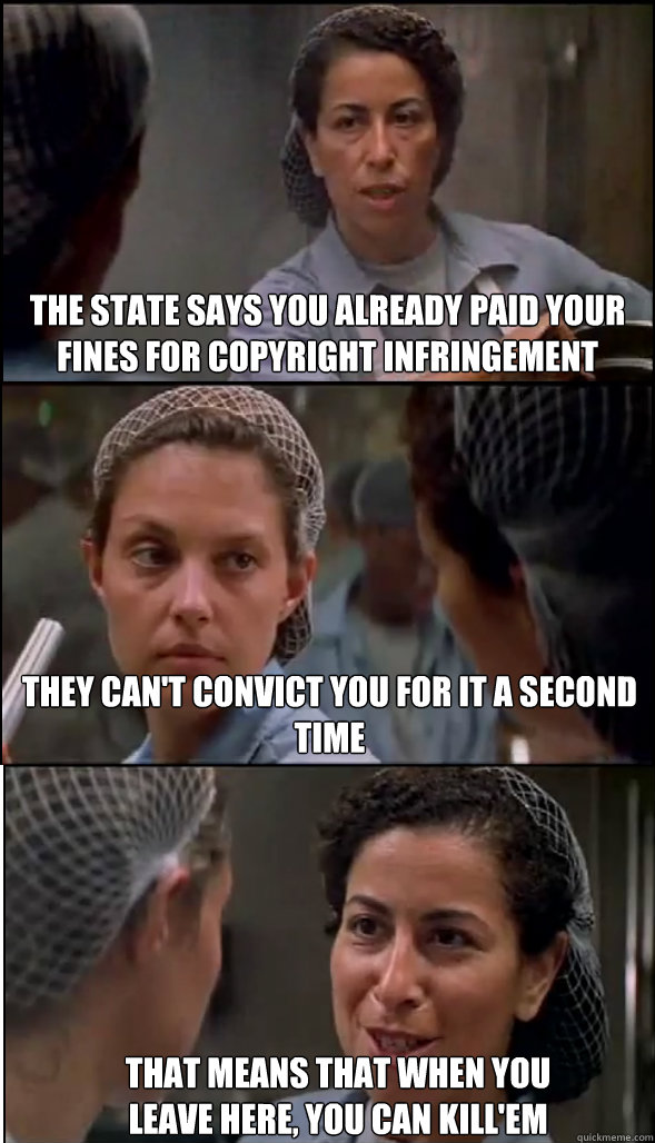 The State says you already paid your fines for copyright infringement They can't convict you for it a second time that means that when you leave here, you can kill'em - The State says you already paid your fines for copyright infringement They can't convict you for it a second time that means that when you leave here, you can kill'em  Double Jeopardy