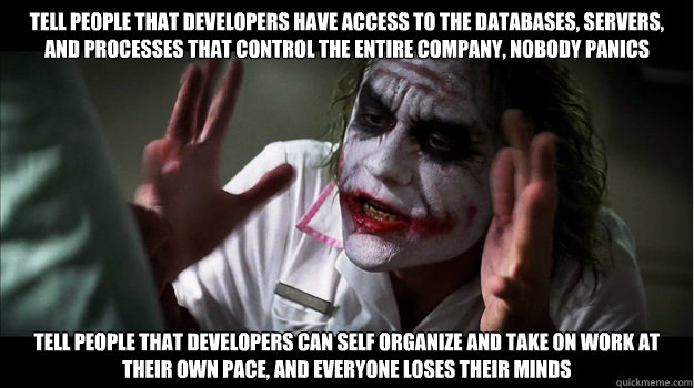 Tell people that developers have access to the databases, servers, and processes that control the entire company, nobody panics Tell people that developers can self organize and take on work at their own pace, and everyone loses their minds - Tell people that developers have access to the databases, servers, and processes that control the entire company, nobody panics Tell people that developers can self organize and take on work at their own pace, and everyone loses their minds  Joker Mind Loss