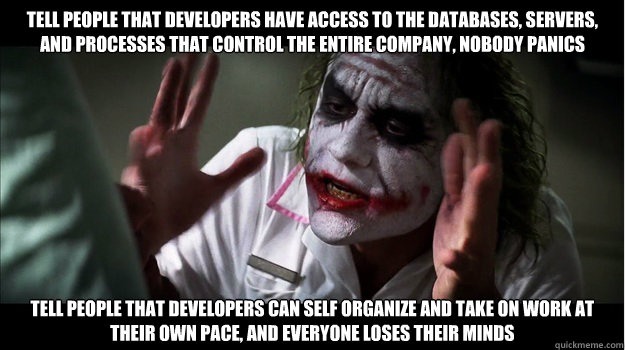 Tell people that developers have access to the databases, servers, and processes that control the entire company, nobody panics Tell people that developers can self organize and take on work at their own pace, and everyone loses their minds  Joker Mind Loss