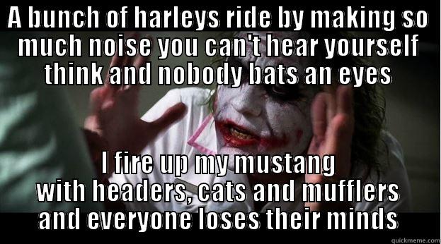 A BUNCH OF HARLEYS RIDE BY MAKING SO MUCH NOISE YOU CAN'T HEAR YOURSELF THINK AND NOBODY BATS AN EYES I FIRE UP MY MUSTANG WITH HEADERS, CATS AND MUFFLERS AND EVERYONE LOSES THEIR MINDS Joker Mind Loss