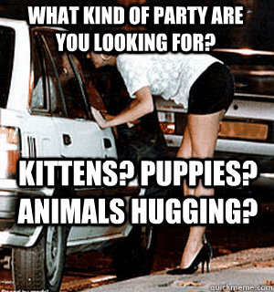What kind of party are you looking for? Kittens? Puppies? animals hugging?  Karma Whore
