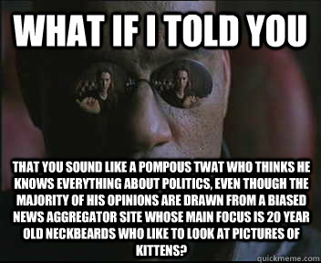 What if I told you That you sound like a pompous twat who thinks he knows everything about politics, even though the majority of his opinions are drawn from a biased news aggregator site whose main focus is 20 year old neckbeards who like to look at pictu  Morpheus SC