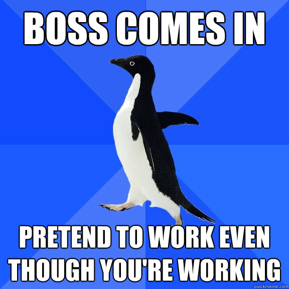 Boss comes in Pretend to work even though you're working  Socially Awkward Penguin