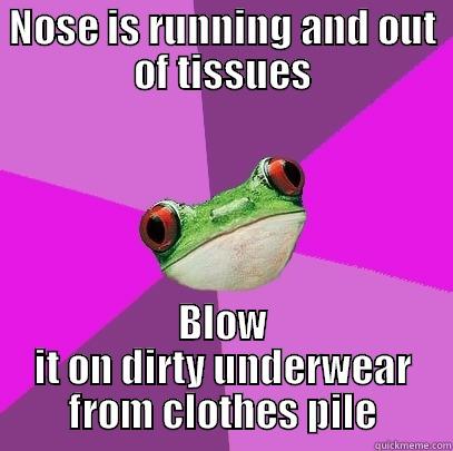NOSE IS RUNNING AND OUT OF TISSUES BLOW IT ON DIRTY UNDERWEAR FROM CLOTHES PILE Foul Bachelorette Frog