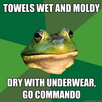towels wet and moldy dry with underwear, go commando  Foul Bachelor Frog