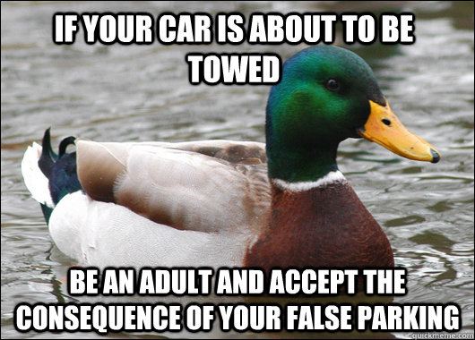 If your car is about to be towed Be an adult and accept the CONSEQUENCE of your false parking  Actual Advice Mallard