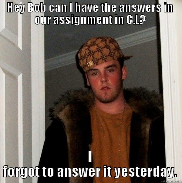 HEY BOB CAN I HAVE THE ANSWERS IN OUR ASSIGNMENT IN C.L? I FORGOT TO ANSWER IT YESTERDAY. Scumbag Steve