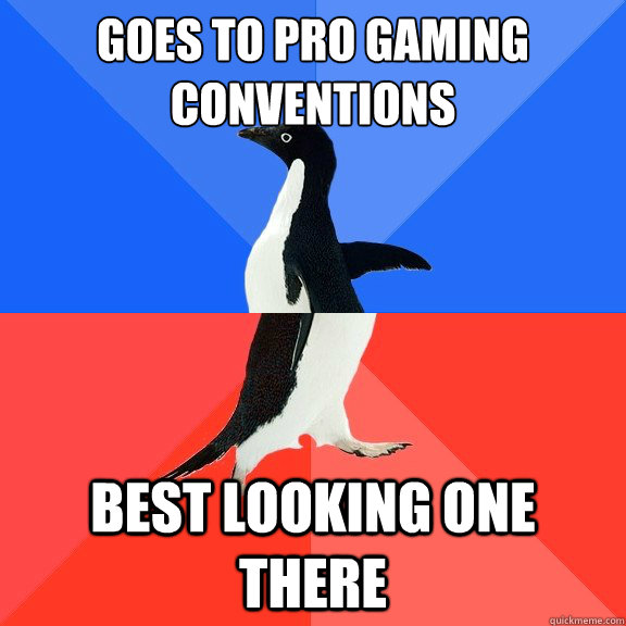 goes to pro gaming conventions best looking one there  Socially Awkward Awesome Penguin