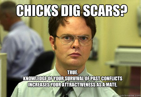 Chicks dig scars? True.  
Knowledge of your survival of past conflicts increases your attractiveness as a mate. - Chicks dig scars? True.  
Knowledge of your survival of past conflicts increases your attractiveness as a mate.  Schrute
