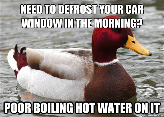 Need to defrost your car window in the morning?
 poor boiling hot water on it  Malicious Advice Mallard