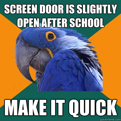 Screen door is slightly open after school Make it quick  Paranoid Parrot