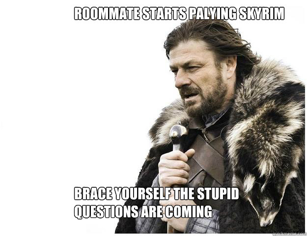 Roommate starts palying skyrim 









brace yourself the stupid questions are coming

  Imminent Ned