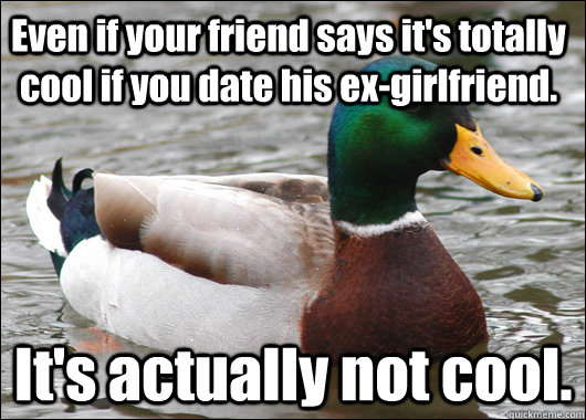 Even if your friend says it's totally cool if you date his ex-girlfriend.  It's actually not cool.   - Even if your friend says it's totally cool if you date his ex-girlfriend.  It's actually not cool.    Actual Advice Mallard