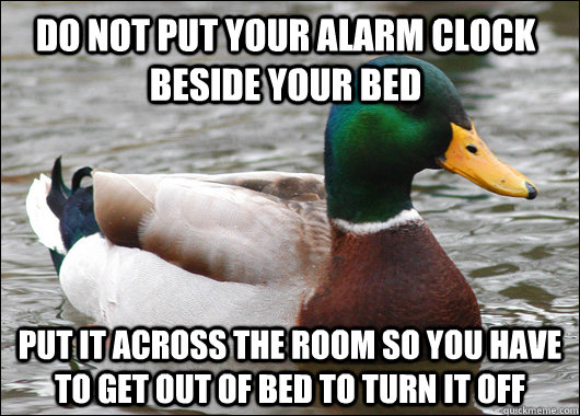 Do not put your alarm clock beside your bed put it across the room so you have to get out of bed to turn it off  Actual Advice Mallard