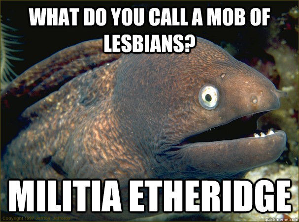 what do you call a mob of lesbians? Militia Etheridge - what do you call a mob of lesbians? Militia Etheridge  Bad Joke Eel