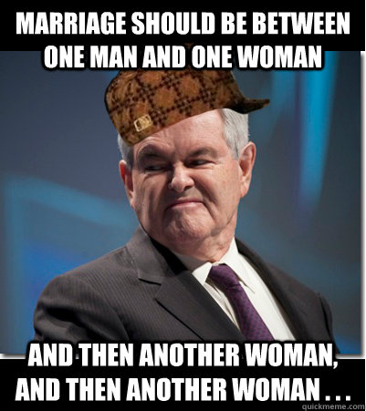 marriage should be between one man and one woman and then another woman, and then another woman . . .  Scumbag Gingrich