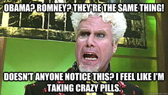 Obama? Romney? They're the same thing! Doesn't anyone notice this? I feel like I'm taking crazy pills.  