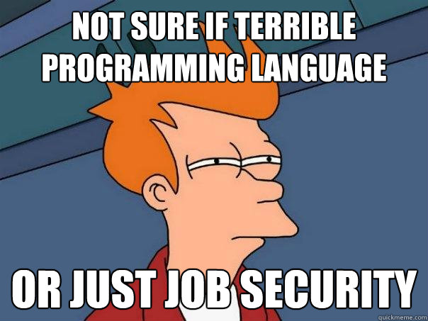 Not sure if terrible programming language or just job security  Futurama Fry
