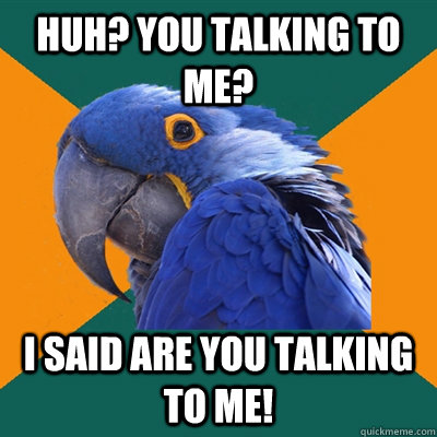 Huh? You talking to me? I said are you talking to me!  Paranoid Parrot