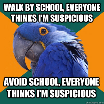 Walk by school, everyone thinks I'm suspicious Avoid school, everyone thinks i'm suspicious - Walk by school, everyone thinks I'm suspicious Avoid school, everyone thinks i'm suspicious  Paranoid Parrot