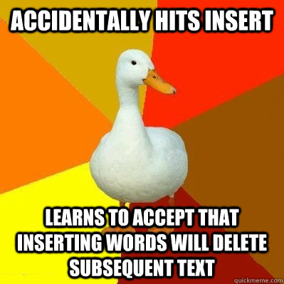 accidentally hits insert Learns to accept that inserting words will delete subsequent text  Tech Impaired Duck