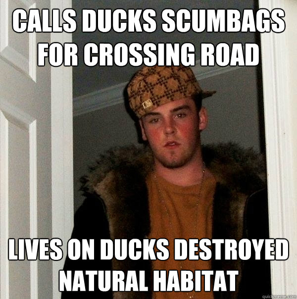 Calls ducks scumbags for crossing road lives on ducks destroyed natural habitat  Scumbag