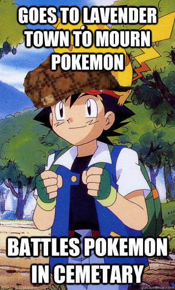 goes to lavender town to mourn pokemon battles pokemon in cemetary  