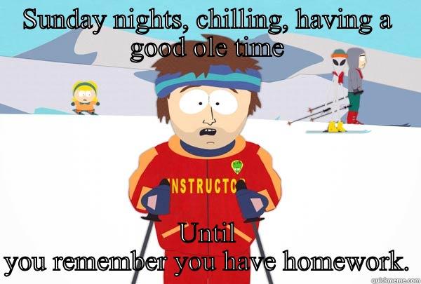 SUNDAY NIGHTS, CHILLING, HAVING A GOOD OLE TIME UNTIL YOU REMEMBER YOU HAVE HOMEWORK. Super Cool Ski Instructor