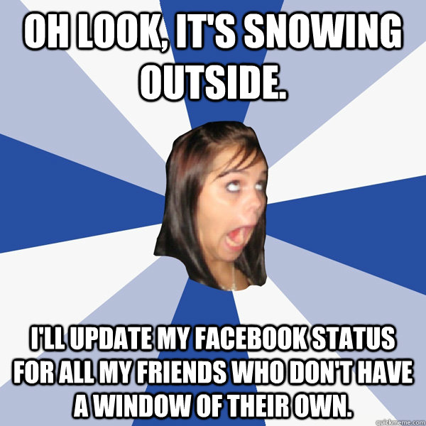 Oh look, it's snowing outside.  I'll update my Facebook status for all my friends who don't have a window of their own.  Annoying Facebook Girl