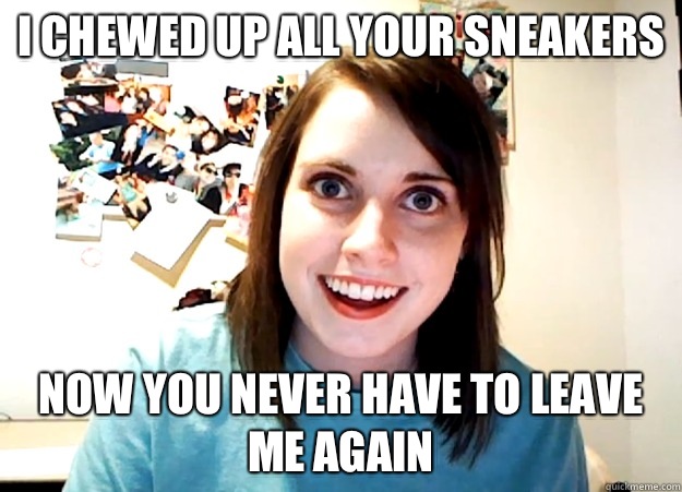 I chewed up all your sneakers Now you never have to leave me again  Overly Attached Girlfriend
