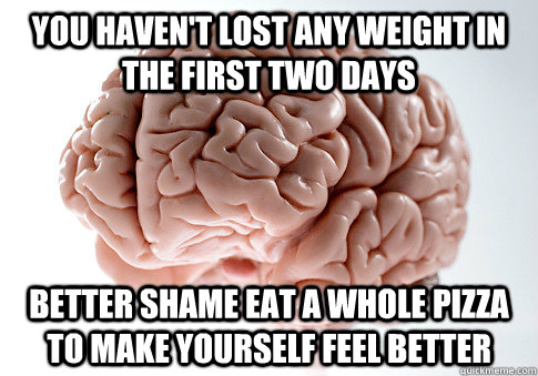 You haven't lost any weight in the first two days Better shame eat a whole pizza to make yourself feel better  Scumbag Brain