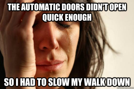 the automatic doors didn't open quick enough so i had to slow my walk down  First World Problems