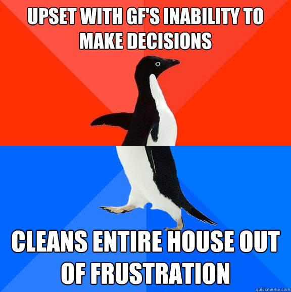upset with gf's inability to make decisions Cleans entire house out of frustration  Socially Awesome Awkward Penguin