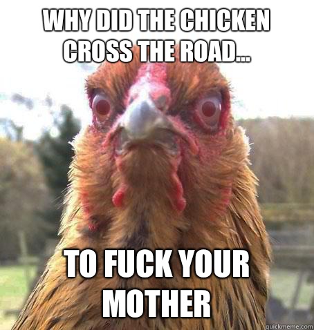 Why did the chicken cross the road... To fuck your mother  RageChicken